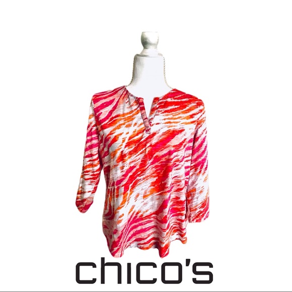 Chico's VIBRANT Peasant Blouse Sz 2 - Picture 2 of 7
